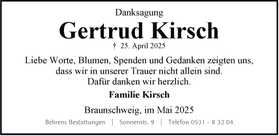 Traueranzeige von Gertrud Kirsch 