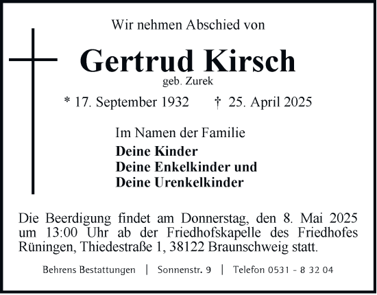Traueranzeige von Gertrud Kirsch 
