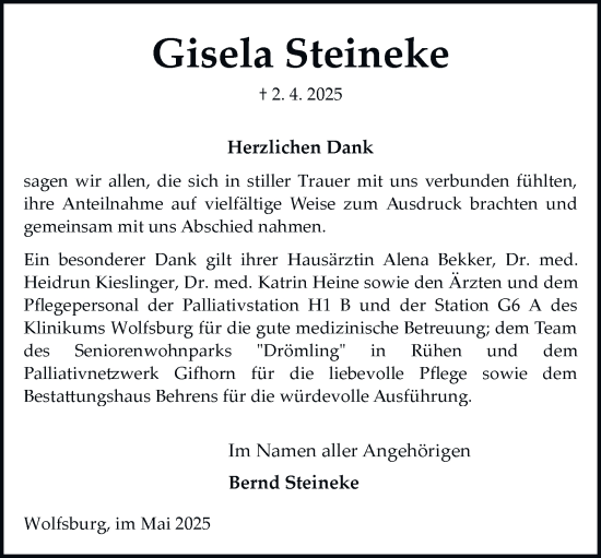 Traueranzeige von Gisela Steineke 