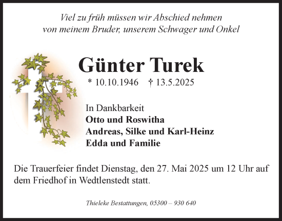 Traueranzeige von Günter Turek von Peiner Nachrichten