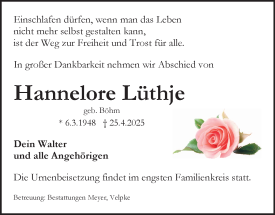 Traueranzeige von Hannelore Lüthje von Helmstedter Nachrichten