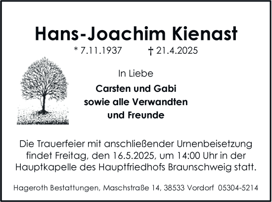 Traueranzeige von Hans-Joachim Kienast 