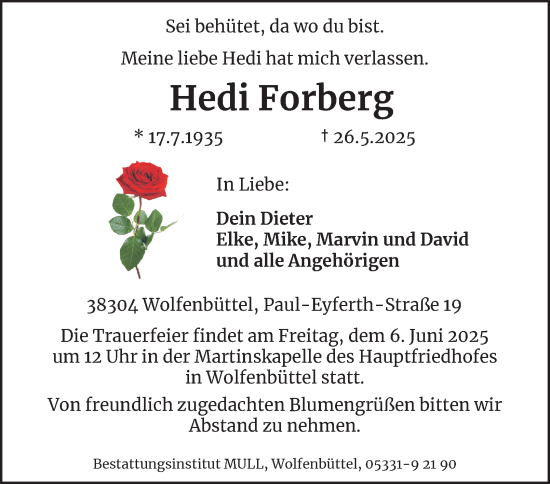 Traueranzeige von Hedi Forberg von Wolfenbütteler Zeitung