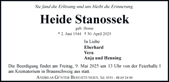 Traueranzeige von Heide Stanossek 