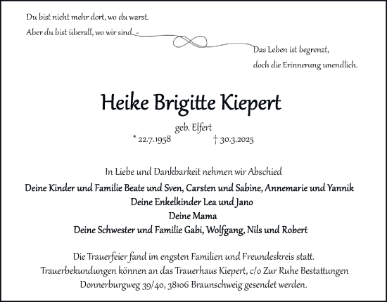 Traueranzeige von Heike Brigitte Kiepert von Neue Braunschweiger am Samstag