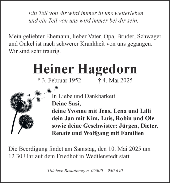 Traueranzeige von Heiner Hagedorn von Peiner Nachrichten