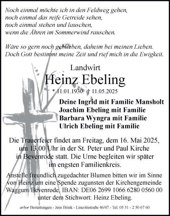 Traueranzeige von Heinz Ebeling 