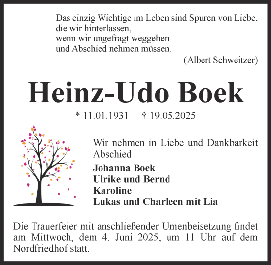 Traueranzeige von Heinz-Udo Boek 