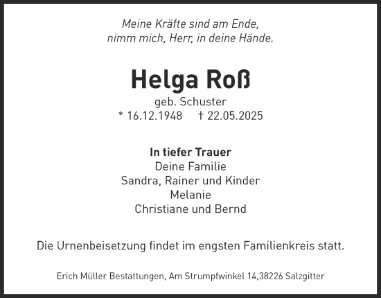 Traueranzeige von Helga Roß von Salzgitter-Zeitung