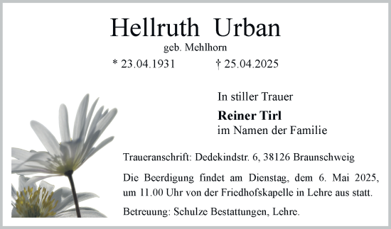 Traueranzeige von Hellruth Urban von Helmstedter Nachrichten