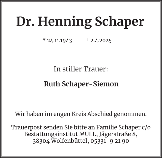 Traueranzeige von Henning Schaper von Wolfenbütteler Zeitung