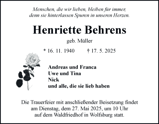 Traueranzeige von Henriette Behrens 