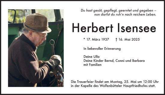 Traueranzeige von Herbert Isensee von Wolfenbütteler Zeitung