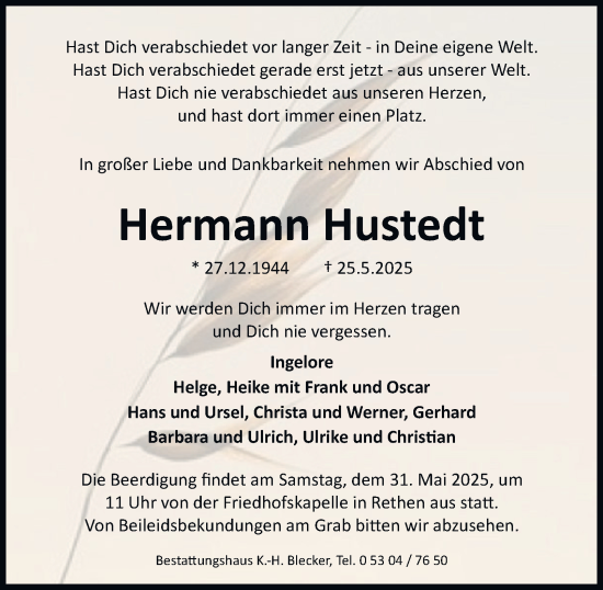 Traueranzeige von Hermann Hustedt 