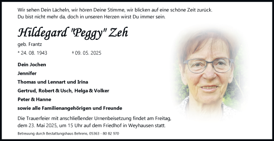 Traueranzeige von Hildegard  Zeh 