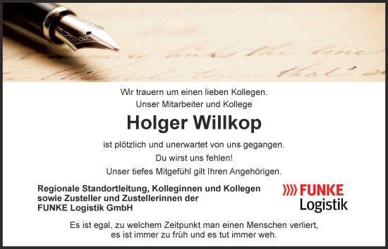 Traueranzeige von Holger Willkop 