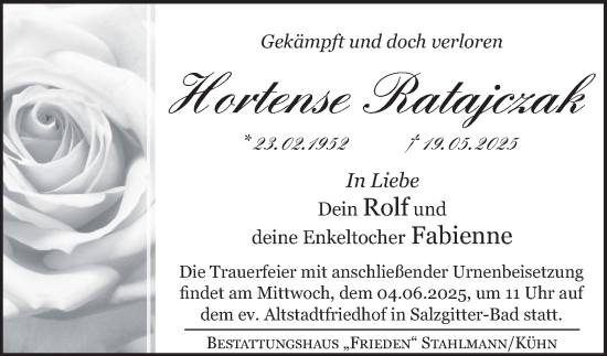 Traueranzeige von Hortense Ratajczak von Salzgitter-Zeitung