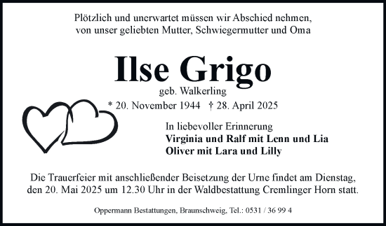 Traueranzeige von Ilse Grigo von Wolfenbütteler Zeitung