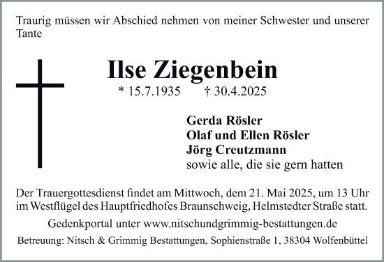 Traueranzeige von Ilse Ziegenbein 