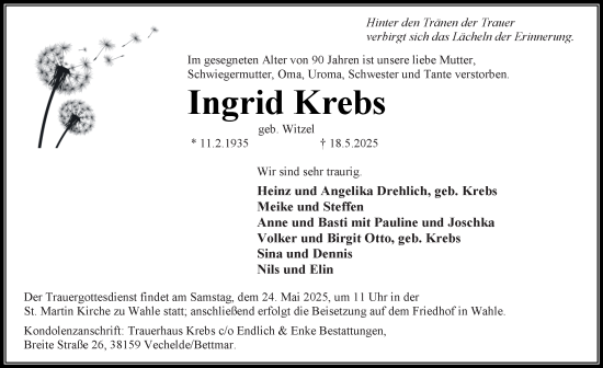 Traueranzeige von Ingrid Krebs von Peiner Nachrichten
