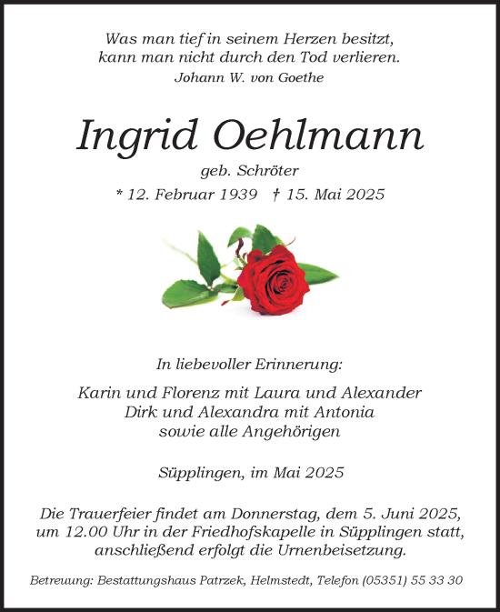 Traueranzeige von Ingrid Oehlmann von Helmstedter Nachrichten
