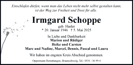 Traueranzeige von Irmgard Schoppe 