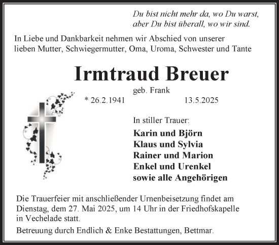 Traueranzeige von Irmtraud Breuer von Peiner Nachrichten