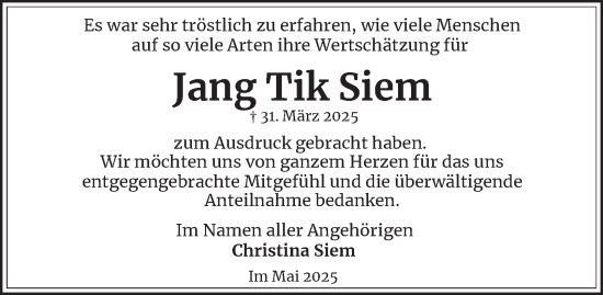 Traueranzeige von Jang Tik Siem 