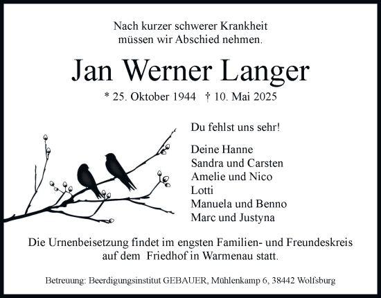 Traueranzeige von Jan Werner Langer 