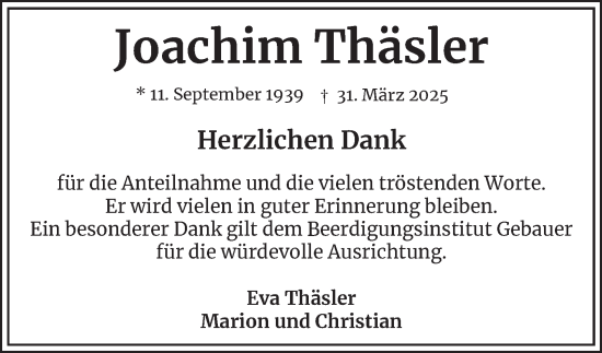 Traueranzeige von Joachim Thäsler 