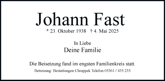 Traueranzeige von Johann Fast 