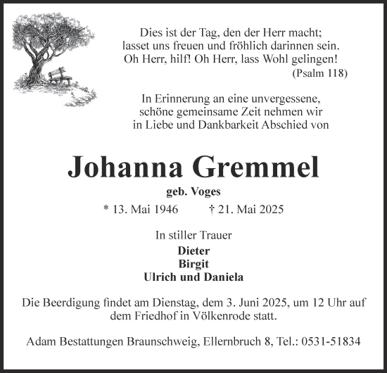 Traueranzeige von Johanna Gremmel 