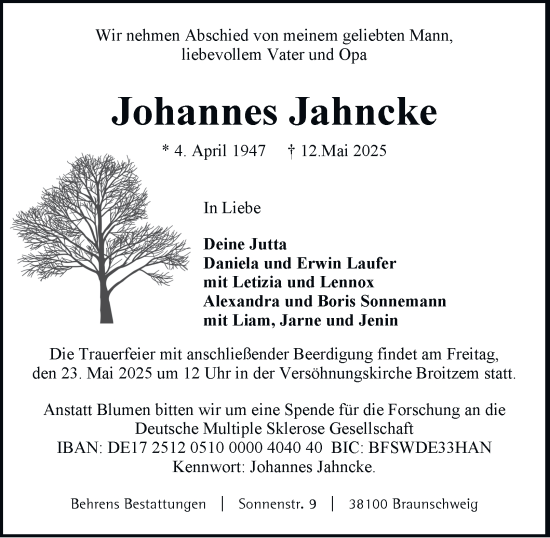 Traueranzeige von Johannes Jahncke 