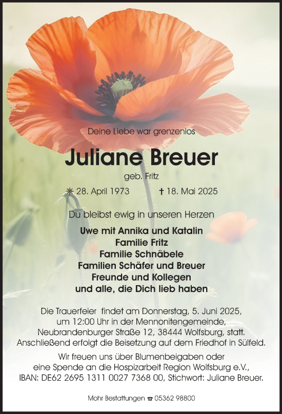 Traueranzeige von Juliane Breuer 