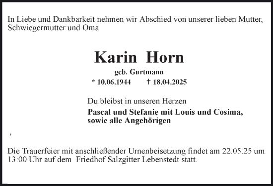 Traueranzeige von Karin Horn von Salzgitter-Zeitung