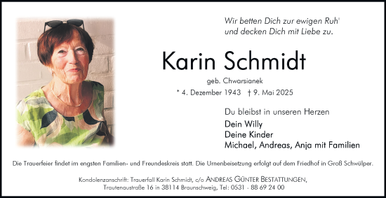 Traueranzeige von Karin Schmidt 