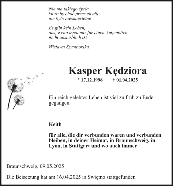 Traueranzeige von Kasper Kedziora 