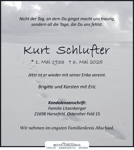 Traueranzeige von Kurt Schlufter 