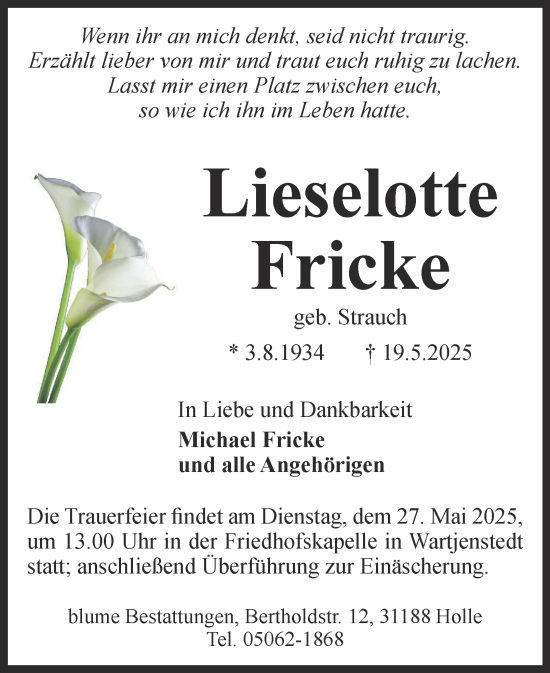 Traueranzeige von Lieselotte Fricke von Salzgitter-Zeitung, Wolfenbütteler Zeitung