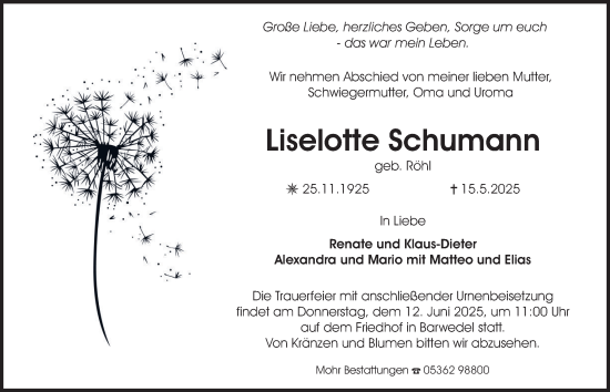 Traueranzeige von Liselotte Schumann 