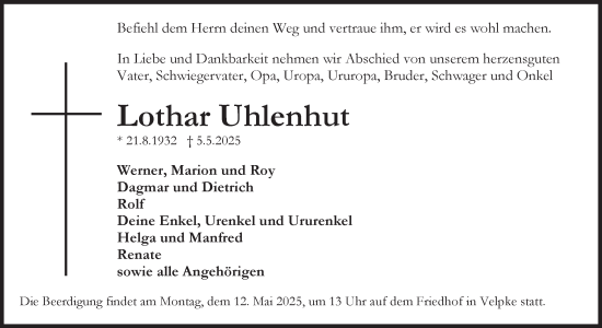 Traueranzeige von Lothar Uhlenhut von Helmstedter Nachrichten