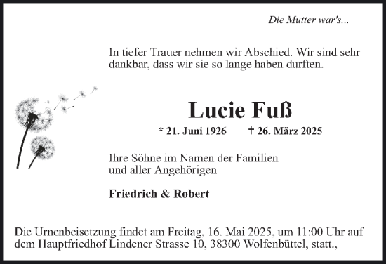 Traueranzeige von Lucie Fuß von Wolfenbütteler Zeitung