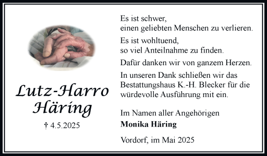 Traueranzeige von Lutz-Harro Häring 