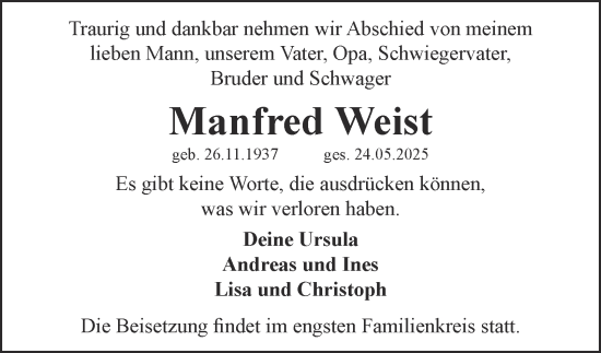 Traueranzeige von Manfred Weist 