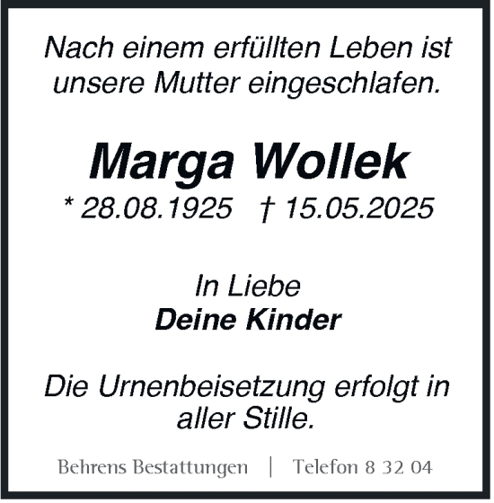 Traueranzeige von Marga Wollek 