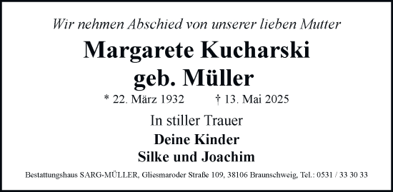 Traueranzeige von Margarete Kucharski 