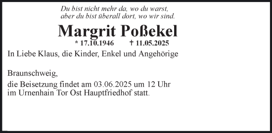 Traueranzeige von Margrit Poßekel von Neue Braunschweiger am Samstag