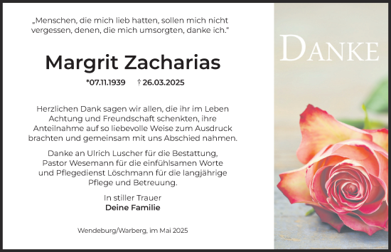 Traueranzeige von Margrit Zacharias von Peiner Nachrichten