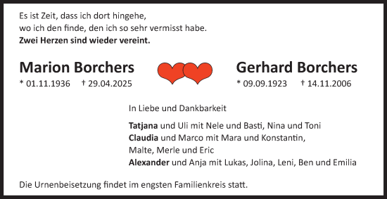 Traueranzeige von Marion Borchers 
