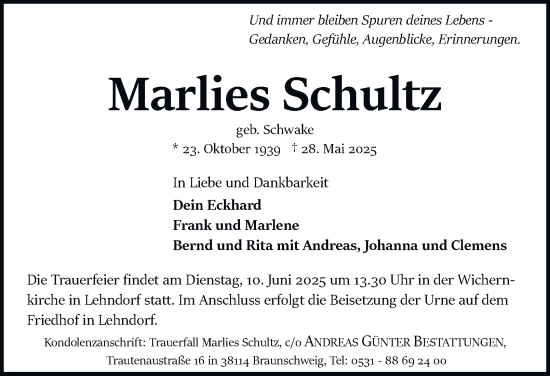Traueranzeige von Marlies Schultz 